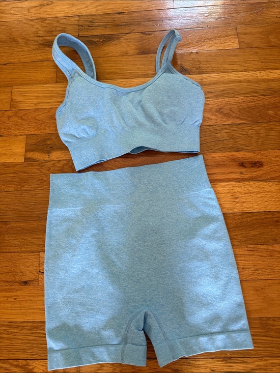 SHEIN Other - SHEIN Light Blue Seamless Sports Bra & High-Waist Shorts Set